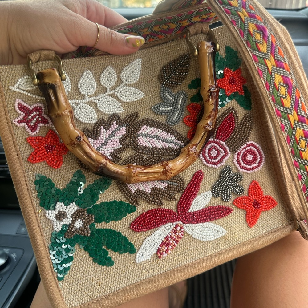 Embroidered Floral Tan Handbag with Bamboo Handle